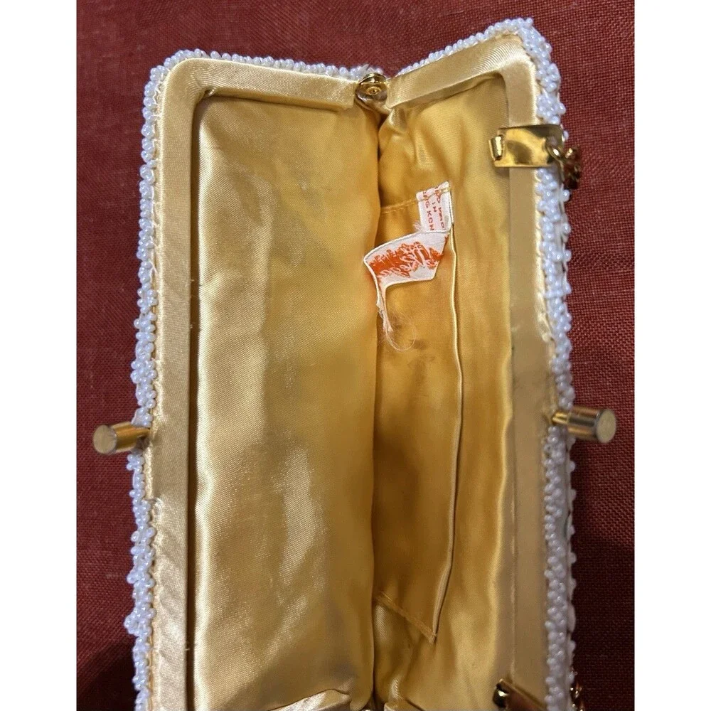 Vintage 50s La Regale Ivory White Beaded Sequin Clutch Bag Purse Gloves Set